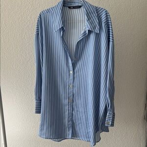Zara oversized Blue and White Striped Button Down Shirt